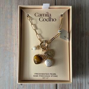 Camila Coelho Gold Charm Necklace Pearl & Tiger’s Eye 18”+2”